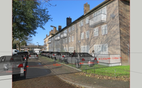 Ravensbury Court showing reduced green space, with 2m patio, path, parking and widened road