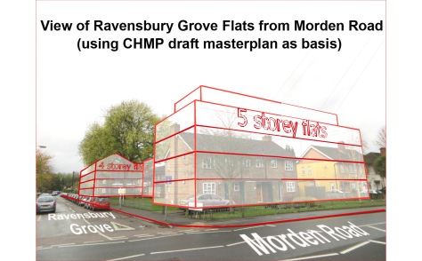 Ravensbury Grove with 4 & 5 storey flats at the entrance